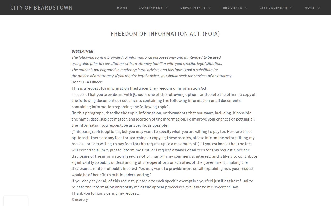 Beardstown criminal records FOIA instructions